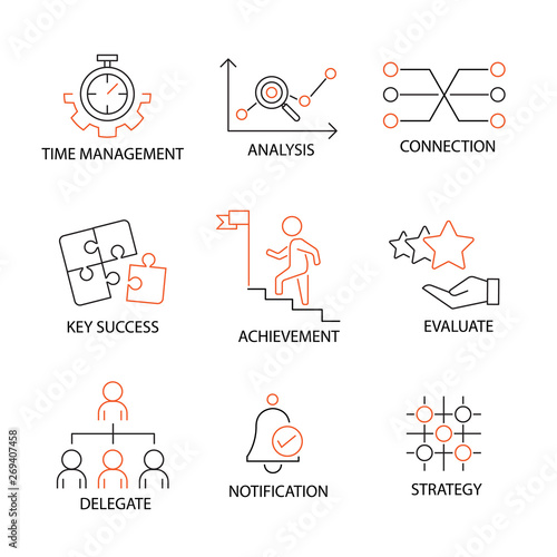 Modern thin line Icon Set in Concept of Business and Human Management with word Time Management,Analysis,Connection,Key Success,Achievement,Evaluate,Delegate,Notification,Strategy. Editable Stroke.