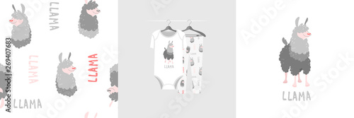 Seamless pattern and illustration for kid with gray funny llama. Cute design on pajamas mockup. Baby background for clothes wear, room decor, t-shirt, baby shower invitation, wrapping