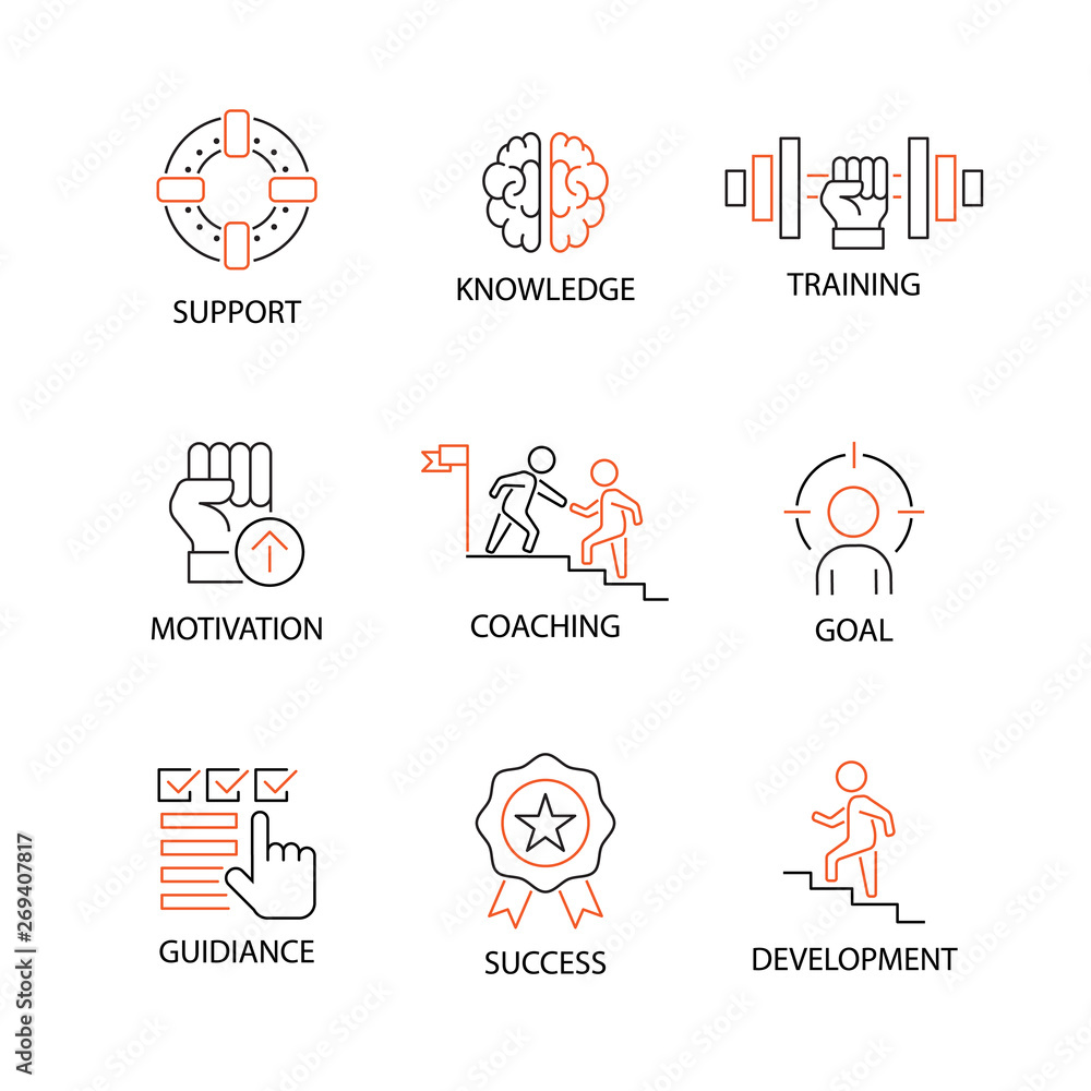 Modern Flat thin line Icon Set in Concept of Mentoring and Coaching with word Support,Knowledge,Traning,Motivation,Coaching,Goal,Guidiance,Success,Development. Editable Stroke