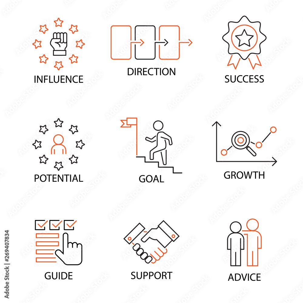 Modern Flat thin line Icon Set in Concept of Mentoring and Coaching with word Influence,Direction,Success,Potential,Goal,Growth,Guide,Support,Advice. Editable Stroke