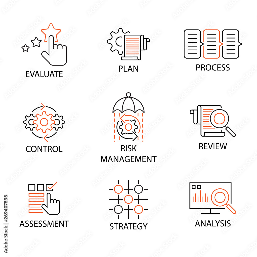 Modern Flat thin line Icon Set in Concept of Business and Risk Management with word Evaluate,Plan,Process,Control,Risk Management,Review,Assessment,Strategy,Analysis. Editable Stroke