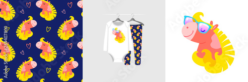 Seamless pattern and illustration for kid with pony in the sunglasses. Cute design on pajamas mockup. Baby background for clothes wear, room decor, t-shirt, baby shower invitation, wrapping