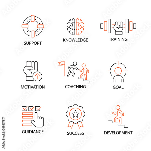 Modern Flat thin line Icon Set in Concept of Mentoring and Coaching with word Support,Knowledge,Traning,Motivation,Coaching,Goal,Guidiance,Success,Development. Editable Stroke