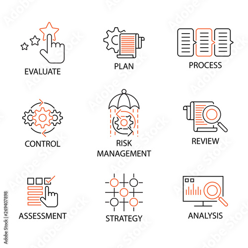 Modern Flat thin line Icon Set in Concept of Business and Risk Management with word Evaluate,Plan,Process,Control,Risk Management,Review,Assessment,Strategy,Analysis. Editable Stroke