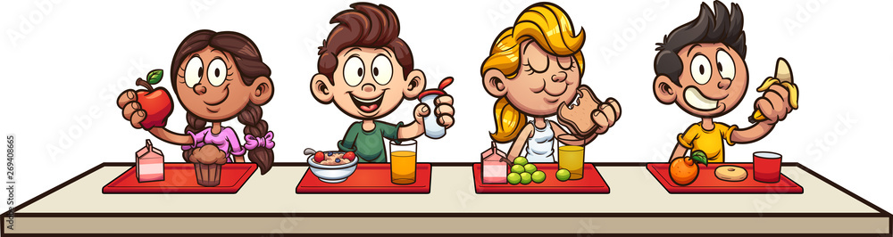 Cartoon kids eating breakfast at school clip art. Vector illustration with simple gradients. Some elements on separate layers.  - obrazy, fototapety, plakaty 