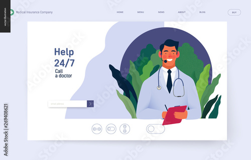 Medical insurance template -help 24 per 7, call us -modern flat vector concept digital illustration of male doctor with headset talking on the phone for a medical consultation. Medical company service
