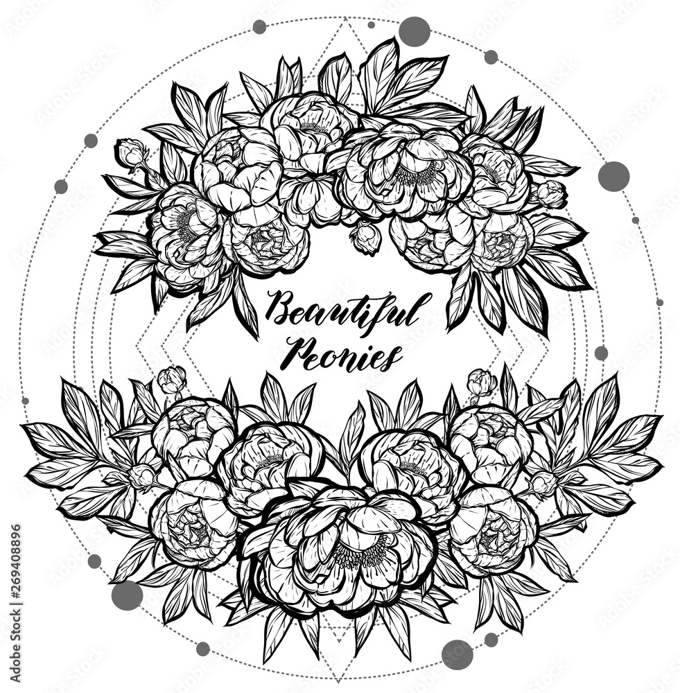Fototapeta premium Vector illustration. Beautiful Peonies. Handmade, prints on T-shirts, tattoos, background white.sacred geometry