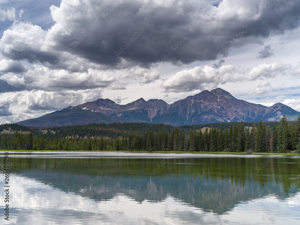 Reflection of mountains in lake, Icefields Parkway, Jasper, Alberta, Canada
