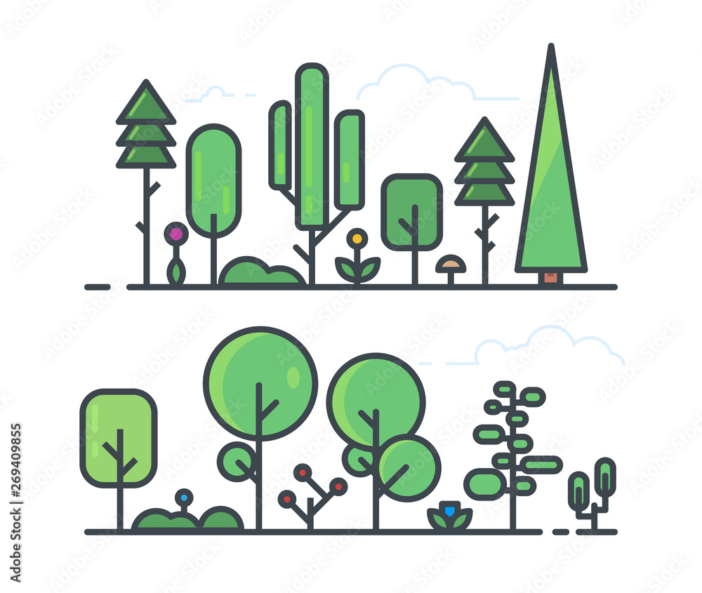 Forest and garden tree. Collection of trees in the woods. Line style set of forest vegetation landscape. Trees, grass, bushes and flowers. Background with green nature.