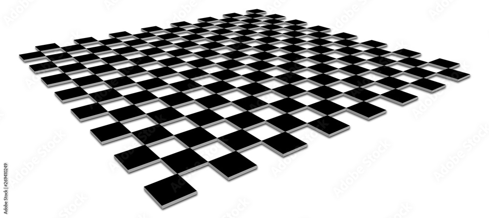 Checkerboard, chessboard, checkered plane in angle perspective. Tilted, vanishing empty floor. 3d black squares with shadows isolated on white background.