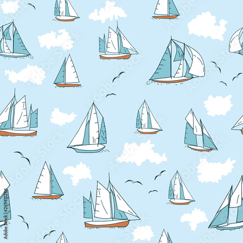 Seamless pattern with yachts, seagulls and clouds. Flat style repeat background.