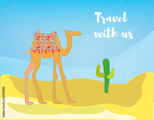 Travel background with desert and camel. Vector graphic illustraiton