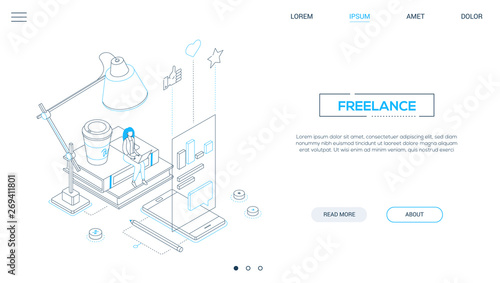 Freelance worker - line design style isometric web banner