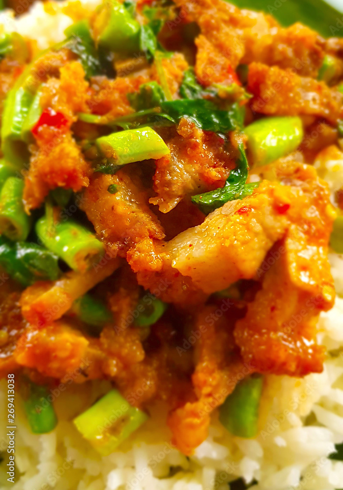 Rice topped with stir-fried chicken and basil Rice topped with stir-fried chicken and basil