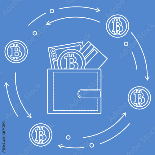 Purse with banknote, credit card and bitcoin.