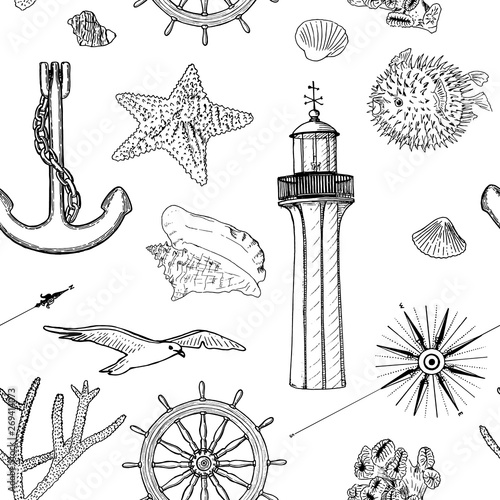 Naval seamless vector pattern set nautical silhouette symbols. Gulls, helm, steering wheel, anchor, light house, shell, wind rose, sea star, starfish