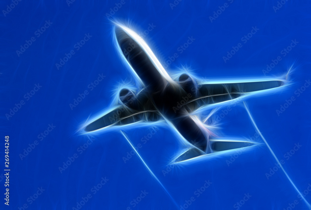Fractal image of a flying blue passenger plane with engine marks in the sky Fractal image of a flying blue passenger plane with engine marks in the sky