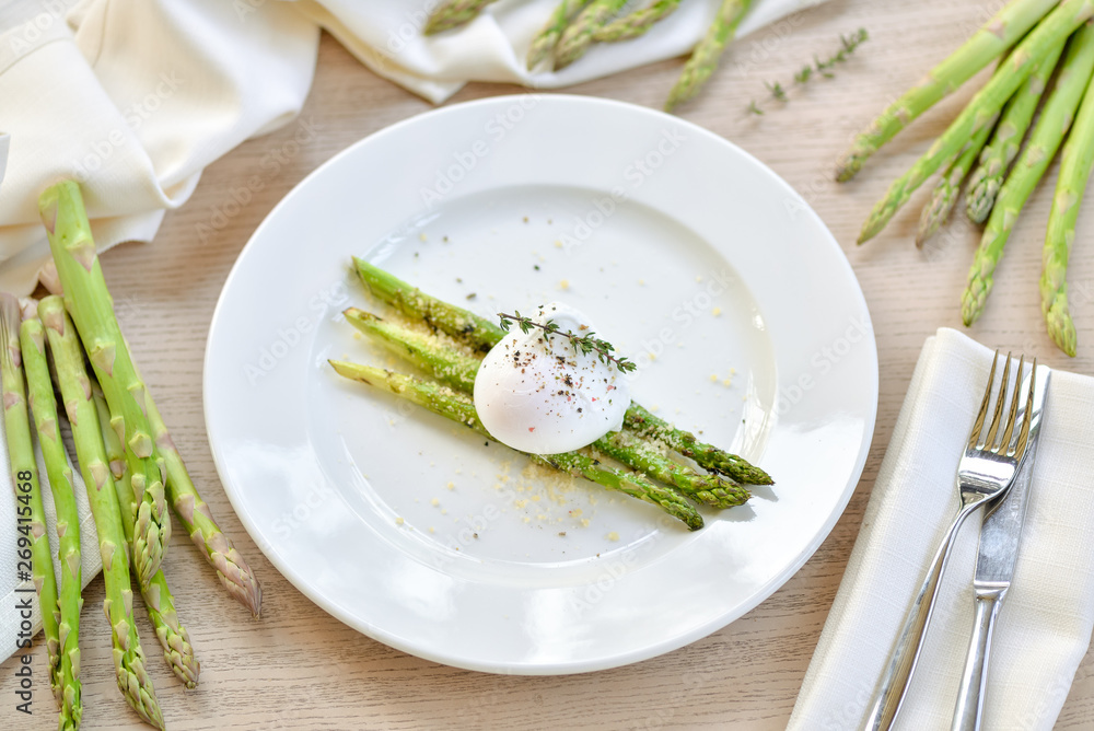 poached egg with asparagus on a white plate poached egg with asparagus on a white plate