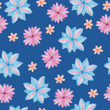 Blue and pink flowers - hand drawn floral seamless pattern