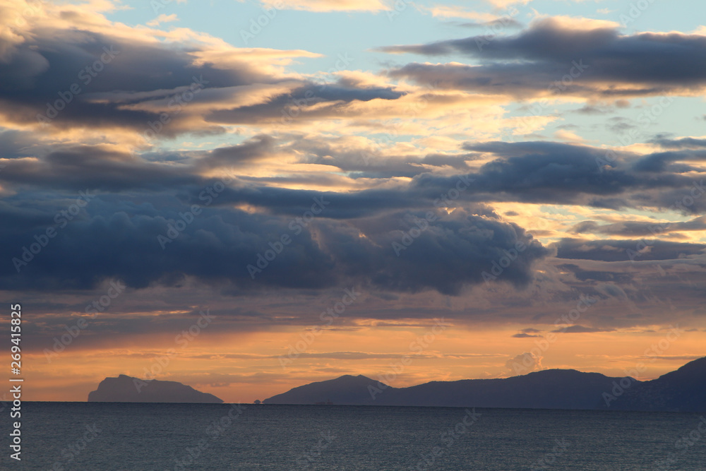 Amalfi Coast with Capri at sunset (Italy)