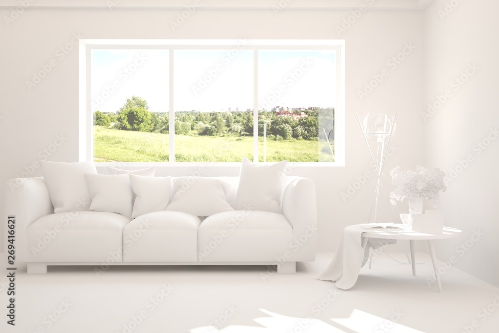 Stylish room in white color with sofa and summer landscape in window. Scandinavian interior design. 3D illustration Stylish room in white color with sofa and summer landscape in window. Scandinavian interior design. 3D illustration