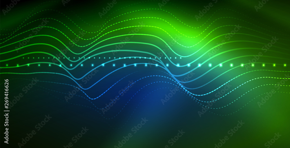 Glowing abstract wave on dark, shiny motion, magic space light. Techno abstract background Glowing abstract wave on dark, shiny motion, magic space light. Techno abstract background
