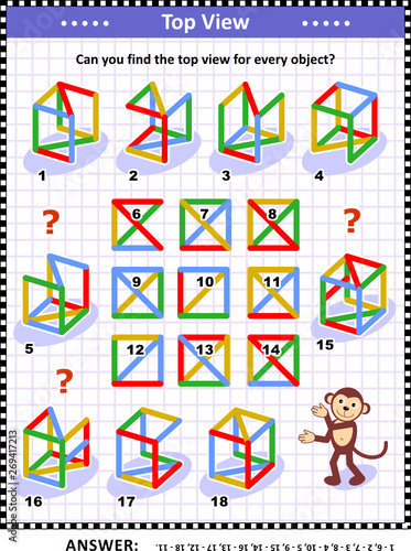 IQ and spatial skills training educational math puzzle: Find the top view for every object. Answer included.