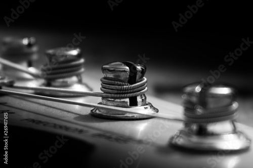 close up shot of precision bass headstock black background
