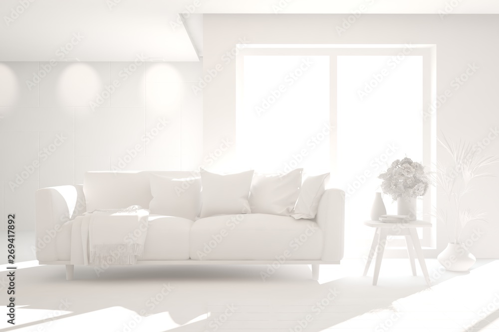 Mock up of stylish room in white color with sofa. Scandinavian interior design. 3D illustration Mock up of stylish room in white color with sofa. Scandinavian interior design. 3D illustration