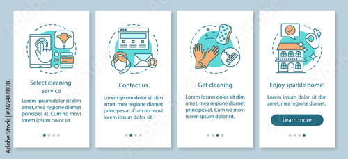 Cleaning service booking onboarding mobile app page screen, linear concepts