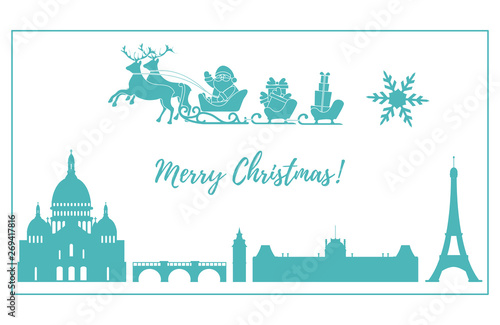 Santa Claus in sleigh with deers flying over Paris
