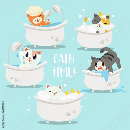 A group of cute  character cartoon cat in the bathtub. happy,sad, afraid,sweet,cute,relax.bathtime.Healthcare for cat. a cute cat or kitten in flat vector style.