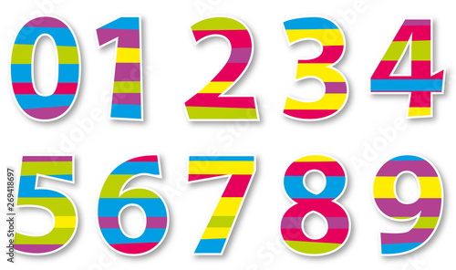 Cartoon colorful set of numbers 0-9 with the shadow