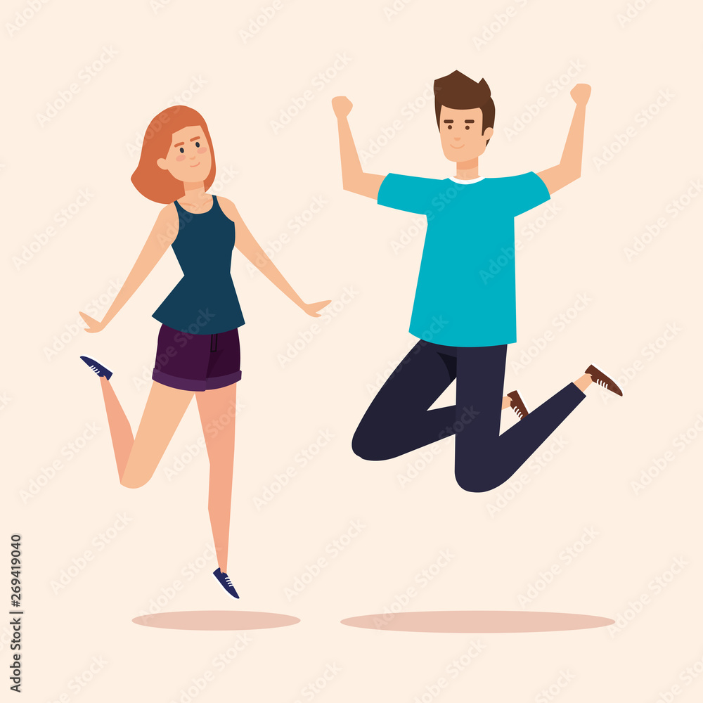 Fototapeta premium girl and boy jumping with casual clothes