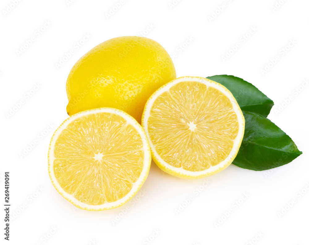 Closeup fresh lemon fruit slice with green leaf isolated on white background, food and healthy concept