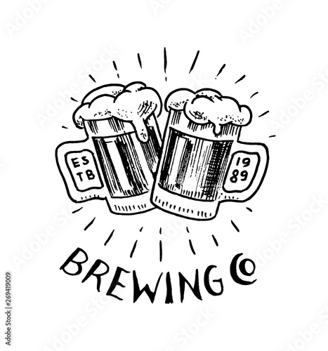 Cheers toast. Glass of beer in vintage style. Alcoholic Label with calligraphic elements. Classic American badge for poster banner. Hand drawn engraved sketch lettering for web, pub menu.