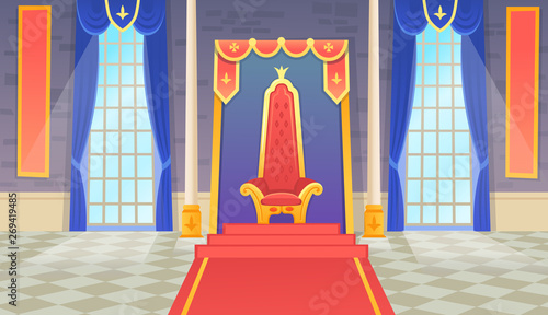 Vector castle hall with a king throne and windows. Сartoon illustration.