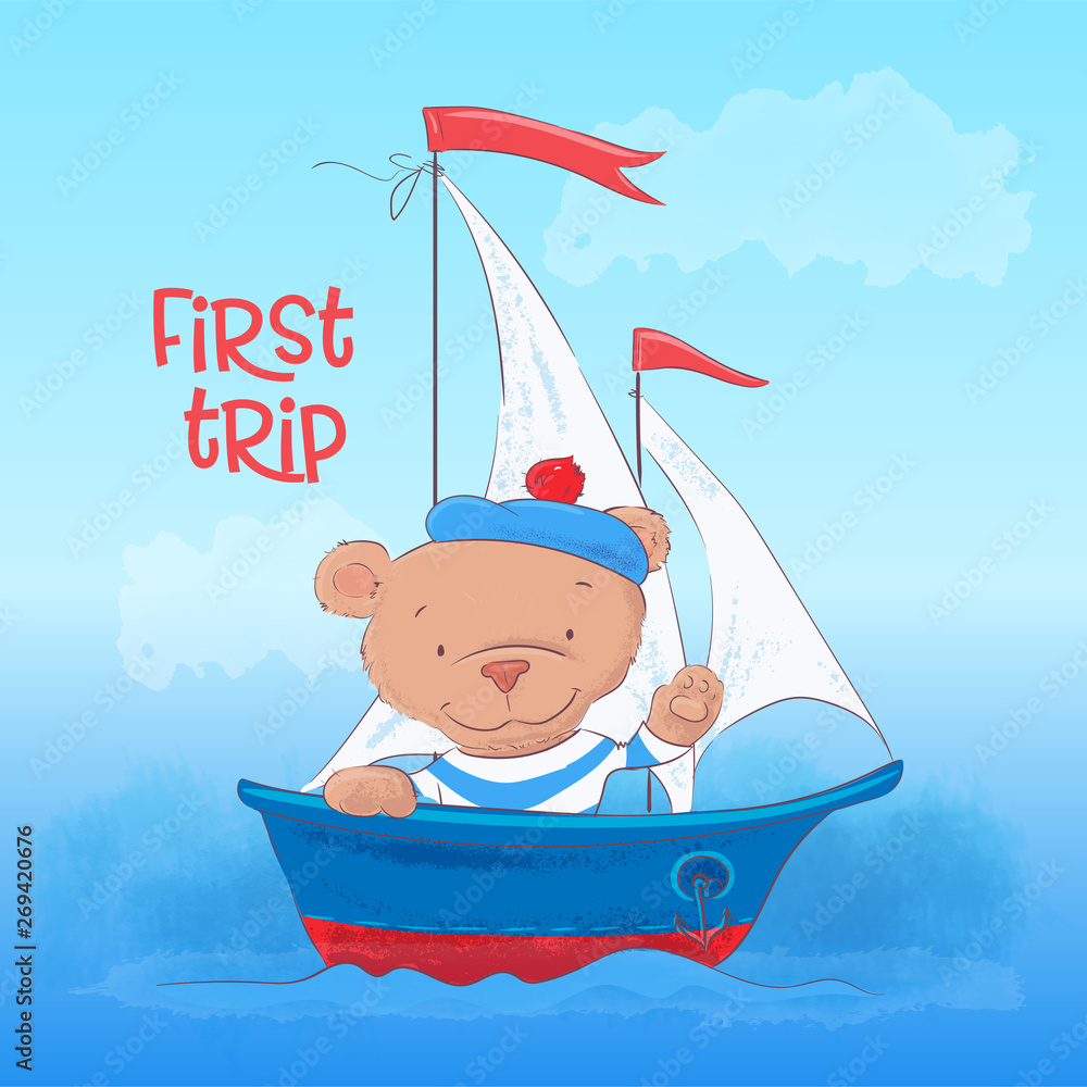 Obraz Postcard poster of a cute young bear on a steamboat in a cartoon style. Hand drawing.