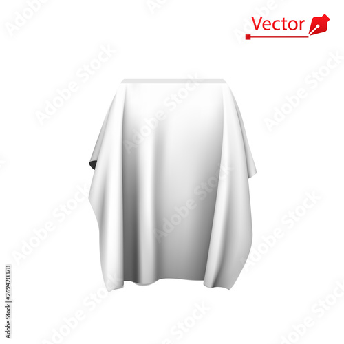 Box covered with white fabric. Surprise, award, prize, presentation concept. Reveal a hidden object. Raise the curtain. 