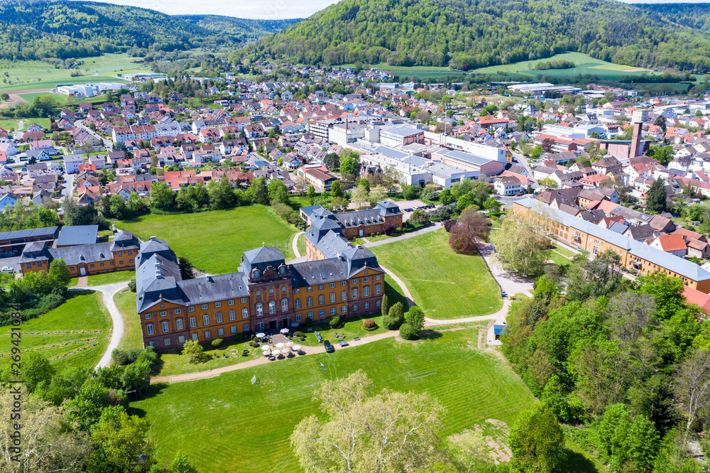 Aerial view, view of Kleinheubach and Großheubach with castle Löwenstein, Miltenberg am Main, Lower Franconia, Bavaria, Germany - obrazy, fototapety, plakaty 