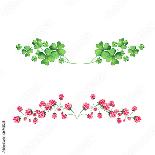  Watercolor set with clover, horseshoe and flowers of clover. Perfect for postcards for St. Patrick's Day