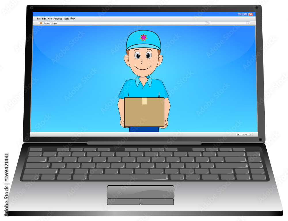 Laptop Computer with friendly Courier delivering a parcel - 3D illustration Laptop Computer with friendly Courier delivering a parcel - 3D illustration