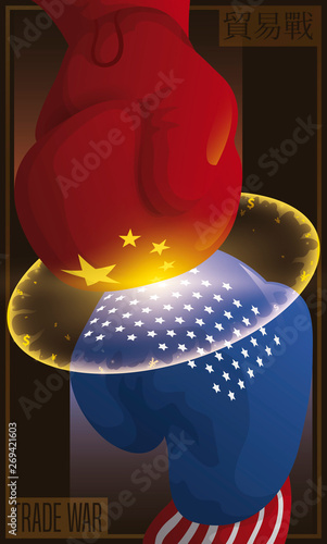 Trade War: Clash of Gloves Representing the U.S.A.-China Conflict, Vector Illustration