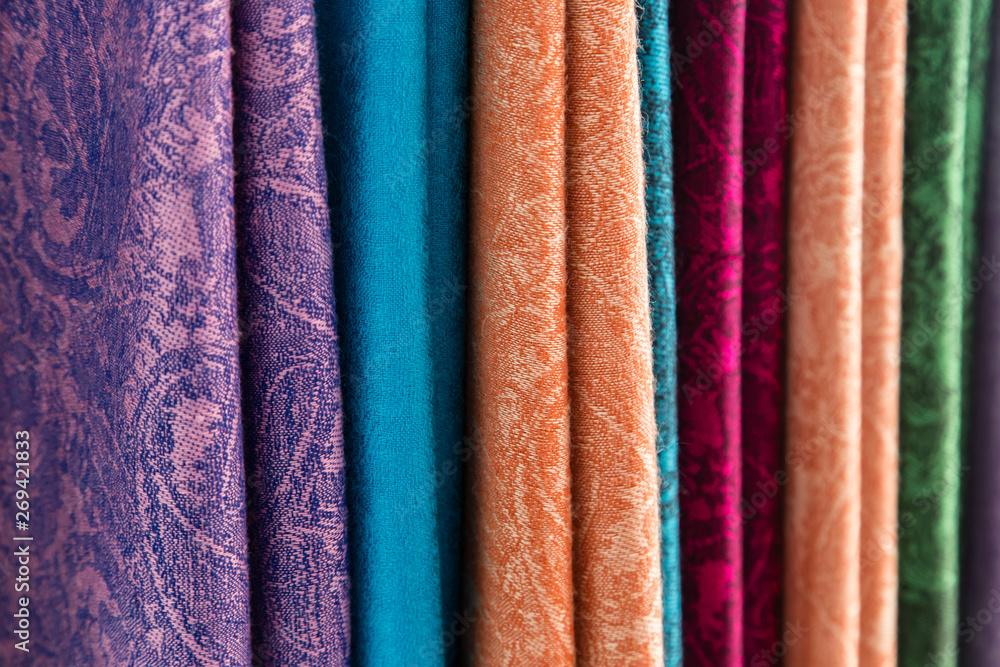 colorful pattern silk cloth display closeup view