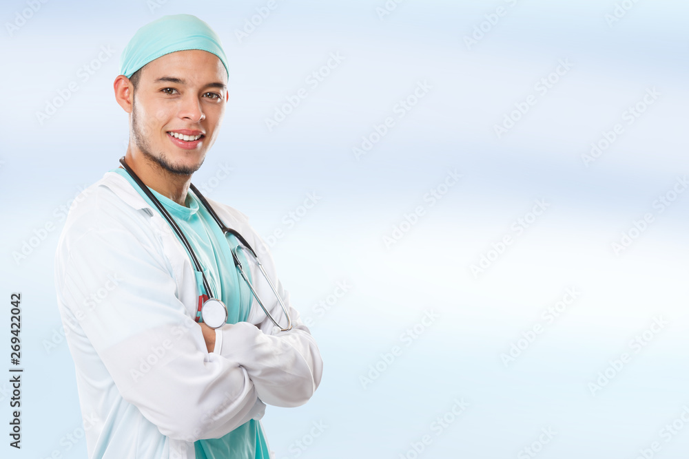 Young doctor portrait side view copyspace copy space occupation latin man job doctor's overall Young doctor portrait side view copyspace copy space occupation latin man job doctor's overall