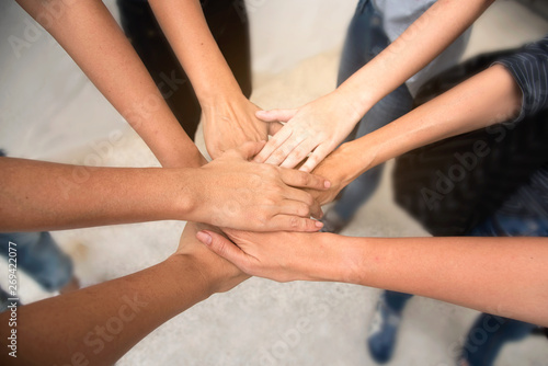 Hand of team stack together, Team work to success in job,business.