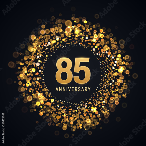 85 years anniversary isolated vector design element. Eighty five birthday logo with blurred light effect for dark background