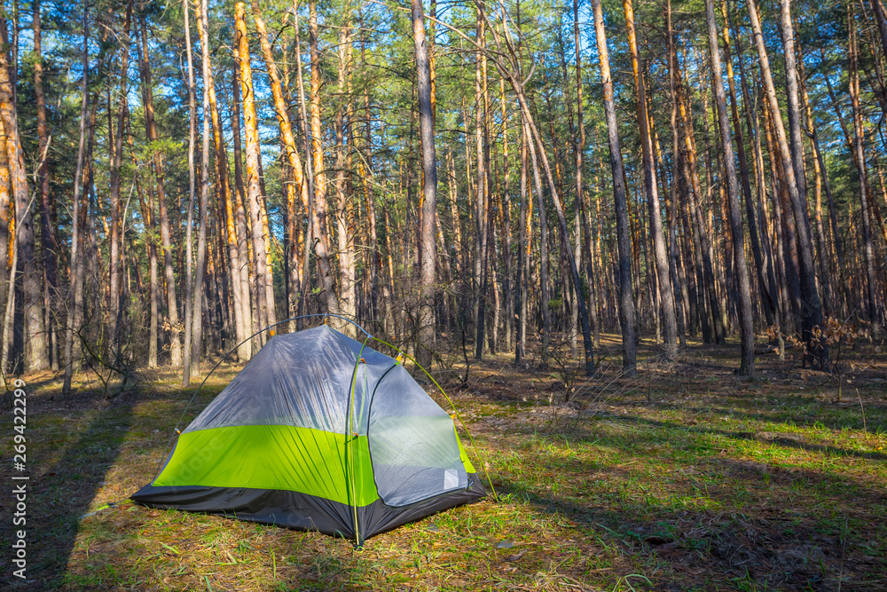 closeup green ultralight touristic tent in the forest