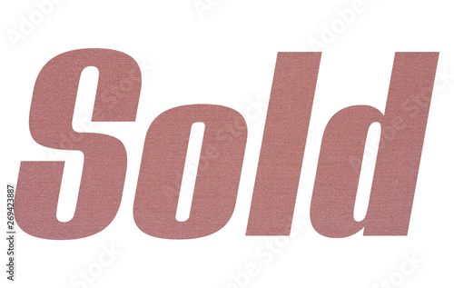 Sold word with terracotta colored fabric texture on white background