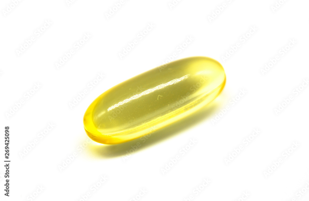 Close up of oil filled capsule (soft gel) suitable for presenting food supplements: fish oil, omega 3, omega 6, omega 9, vitamin A, vitamin D, vitamin D3, vitamin E, evening primrose oil, borage oil Close up of oil filled capsule (soft gel) suitable for presenting food supplements: fish oil, omega 3, omega 6, omega 9, vitamin A, vitamin D, vitamin D3, vitamin E, evening primrose oil, borage oil